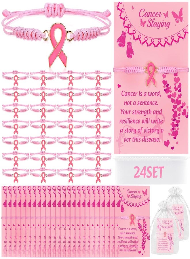 LUYI 24 Set Breast Cancer Awareness Bracelets with Card Adjustable Cord Pink Ribbon Braided Bracelets Breast Cancer Awareness Accessories Party Favors Items Gifts for Women - Image 1
